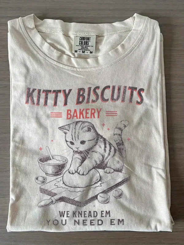 Whimsical Unisex Kitty Biscuits Bakery Graphic T-Shirt, Retro Kitten Baking Print Casual Summer Crew Neck Short Sleeve Top Baking Lover 100% Cotton
