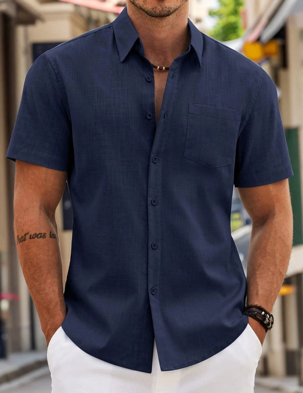 Men's Cotton Linen Short Sleeve Button Down Shirt, Casual Breathable Summer Beach Shirt With Pocket