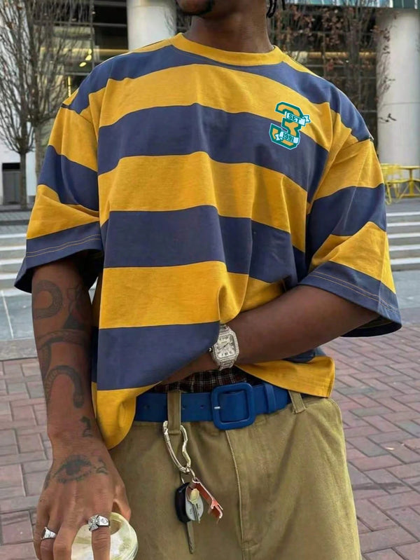 Men's Retro American Style Colorblock Wide Stripe Clean Fit Dropped Shoulder Short Sleeve T-Shirt, College Style