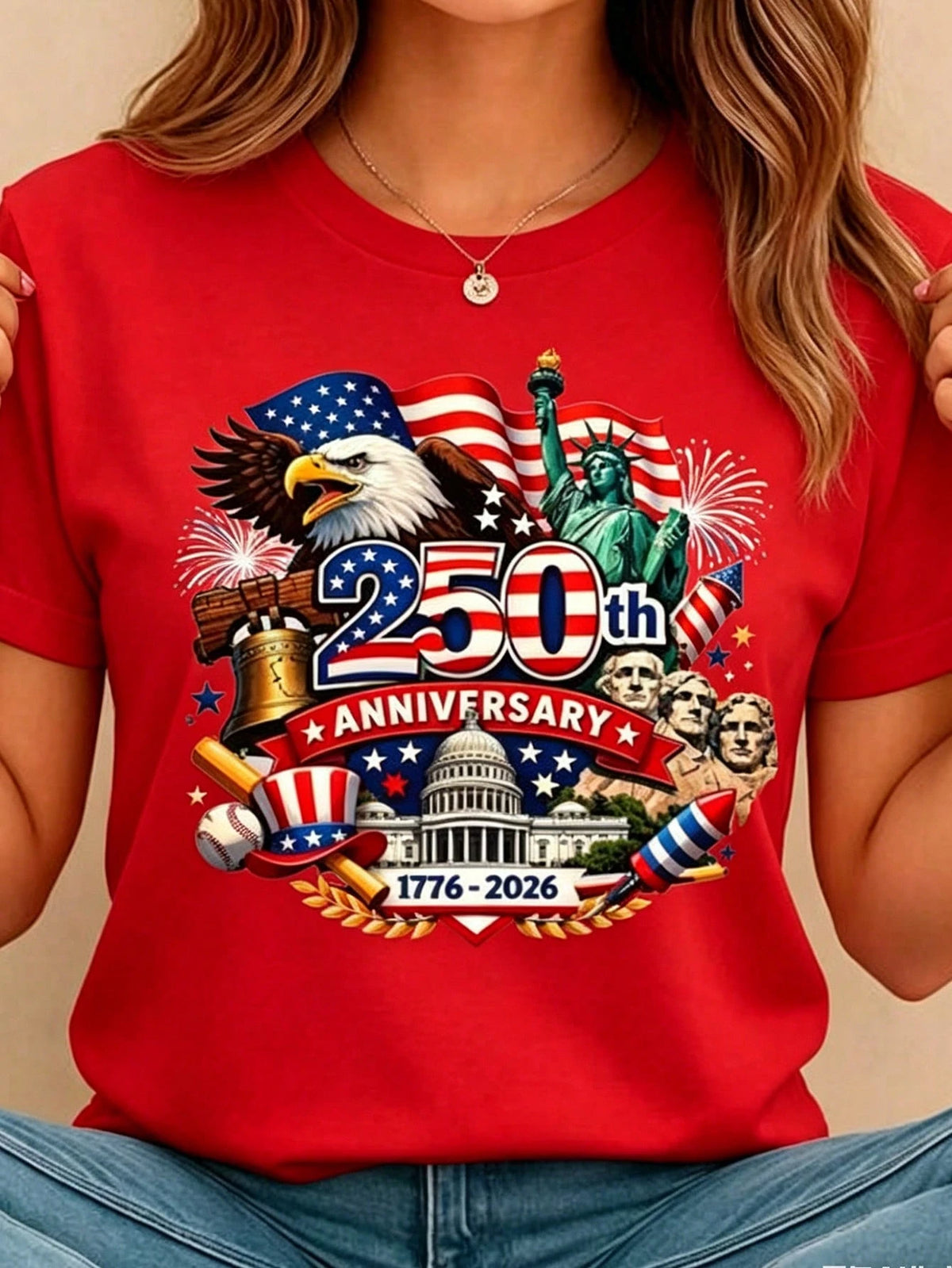 Women's Crew Neck Summer Tee USA 250th Anniversary Patriotic Print Regular Fit Top Perfect For National Celebrations & Daily Casual Wear & Leisure Outings