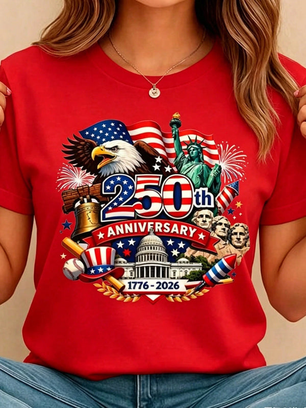 Women's Crew Neck Summer Tee USA 250th Anniversary Patriotic Print Regular Fit Top Perfect For National Celebrations & Daily Casual Wear & Leisure Outings