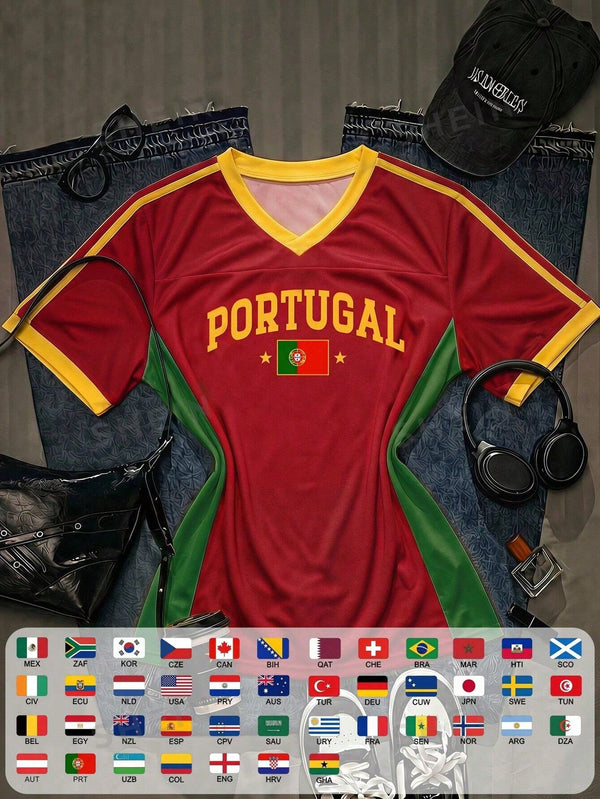 SHEIN EZwear Women's Loose V-Neck Portugal National Football Team Jersey, Yellow With Contrast Collar And Cuff Stripes, 2026 World Cup Sports Fashion Match Day Football Streetwear